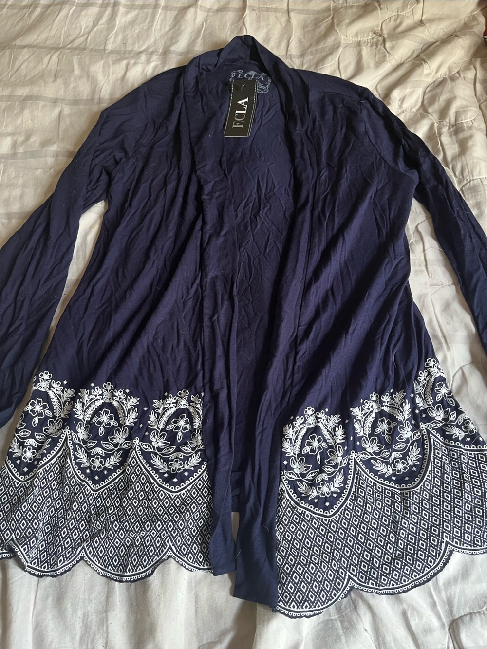 Navy Open-Front Cardigan with White Embroidered Hem